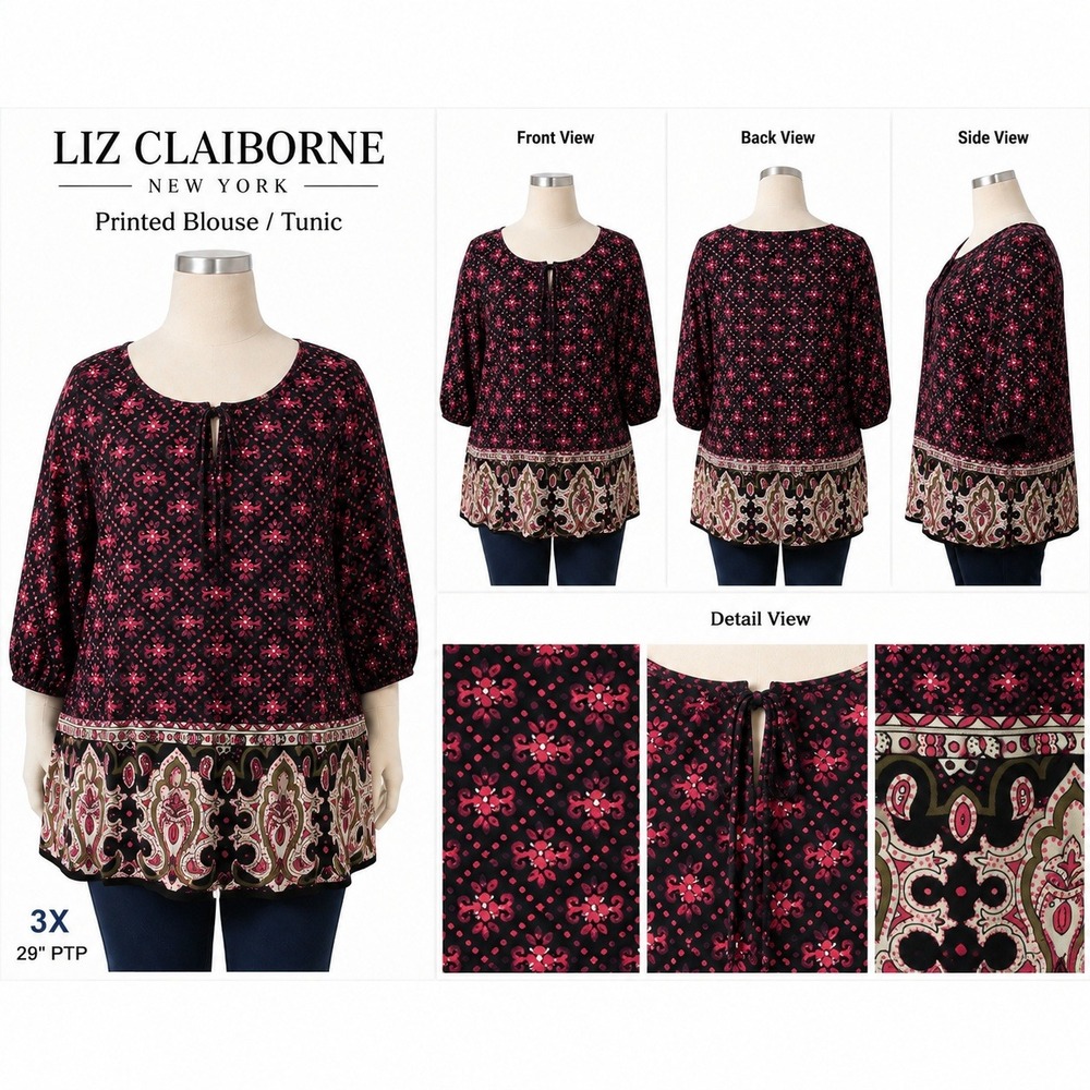 Liz Claiborne New York Women 3X Printed Tunic‎ Blouse Pink Paisley 3/4 Sleeve